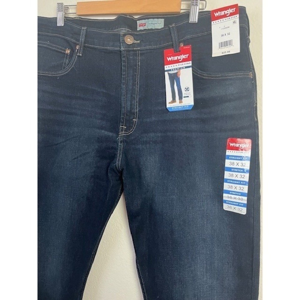 New Wrangler 38x32 Mens Dark Wash‎ Stretch Straight Jeans Y2K Style Sandblasted